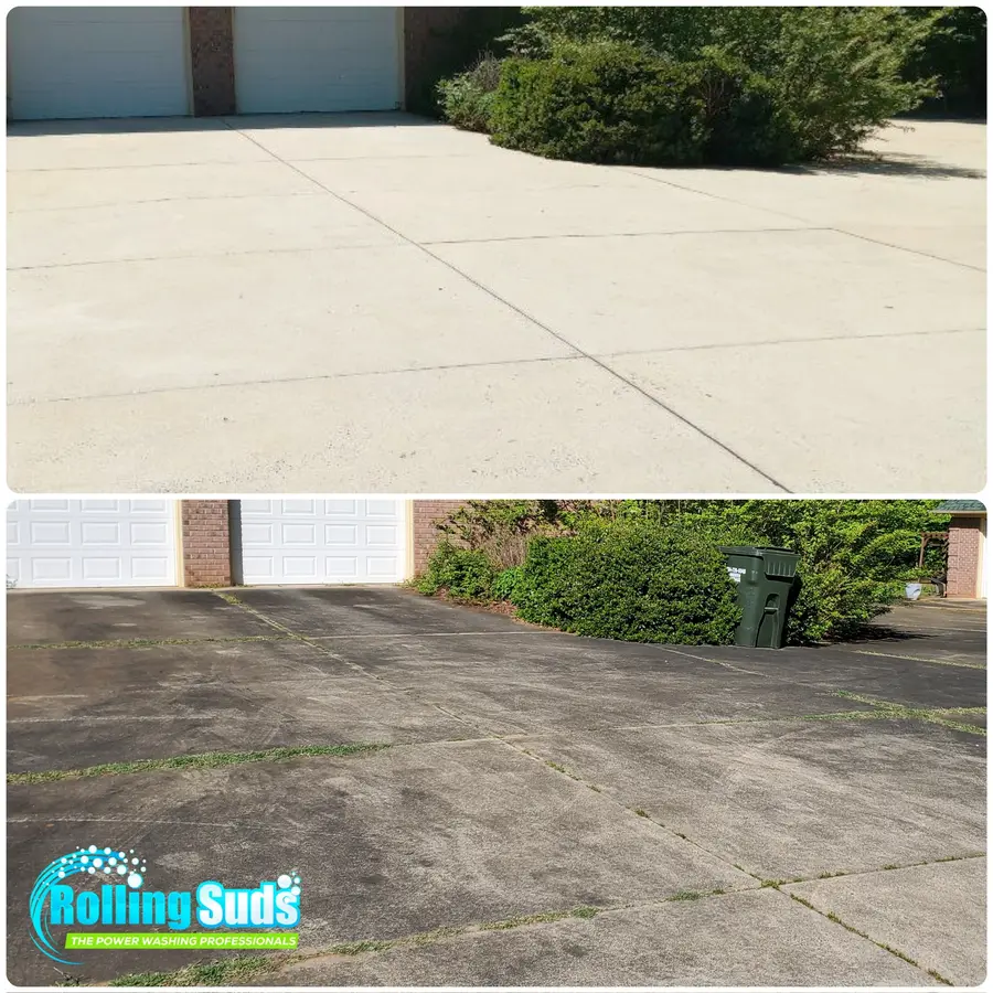 Before/after composite of tree-shaded driveway, dark tire stains and dirt removed to bare grey concrete.
