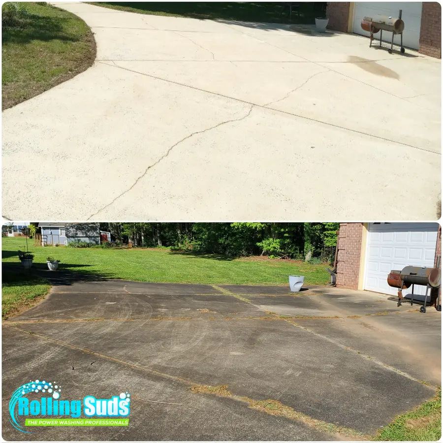 Before/after composite of same wooded driveway, dirt and streaking removed leaving uniform light concrete.