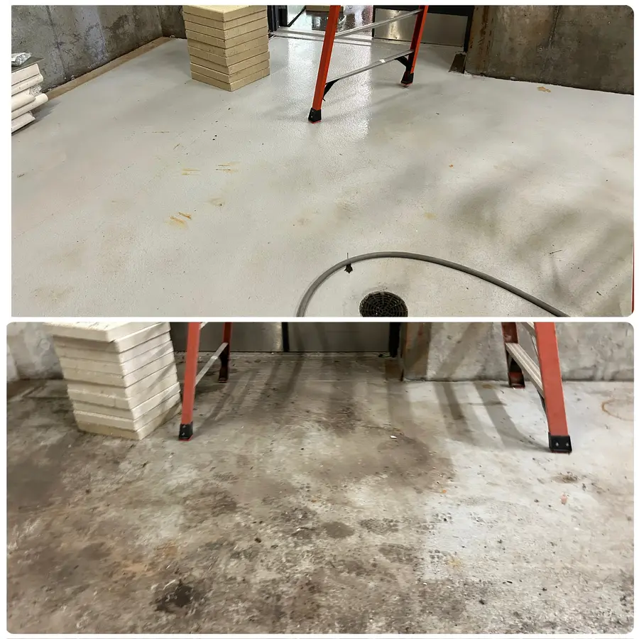 Before/after composite of concrete trash/loading room floor, dark tire marks and stains lifted.