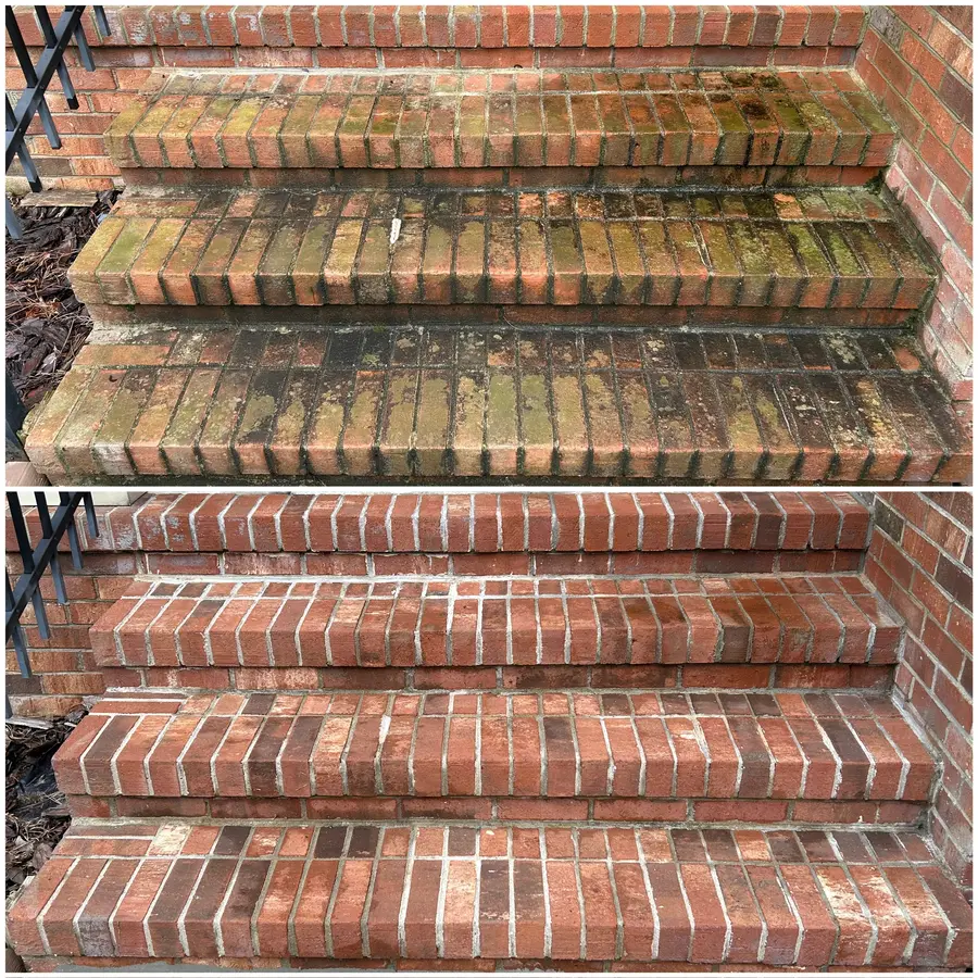 Before/after composite of brick steps, heavy green moss and algae removed to clean brick.