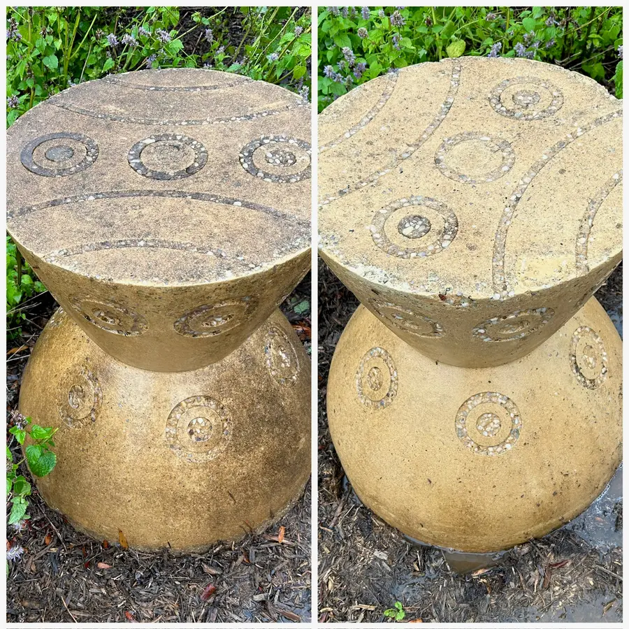 Before/after composite of a stone garden ornament, dark grime removed to light clean stone.