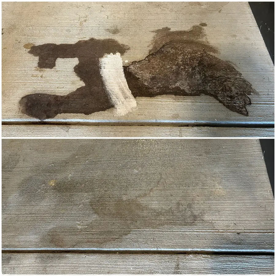 Before/after composite of a wood deck, dark mildew staining removed to clean tan wood.