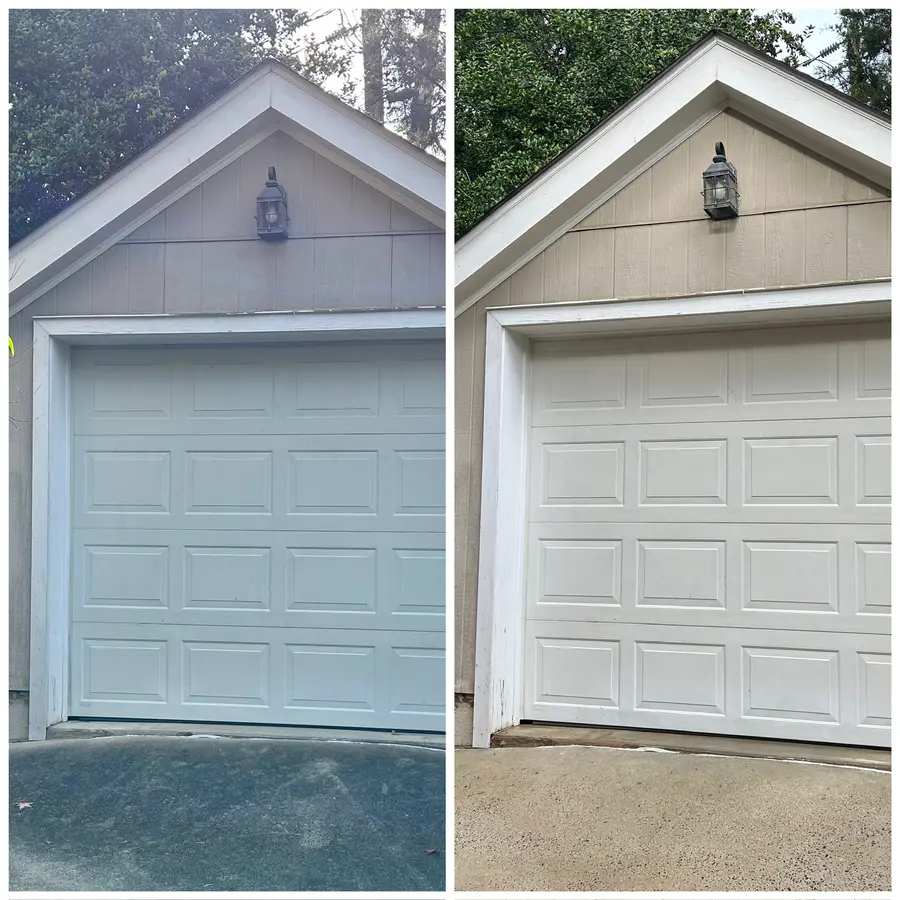 Before/after composite of a garage door and trim, dark dirt streaking removed to clean white.