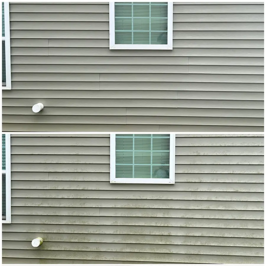 Before/after composite of siding near a window, dark spotted staining removed to clean surface.