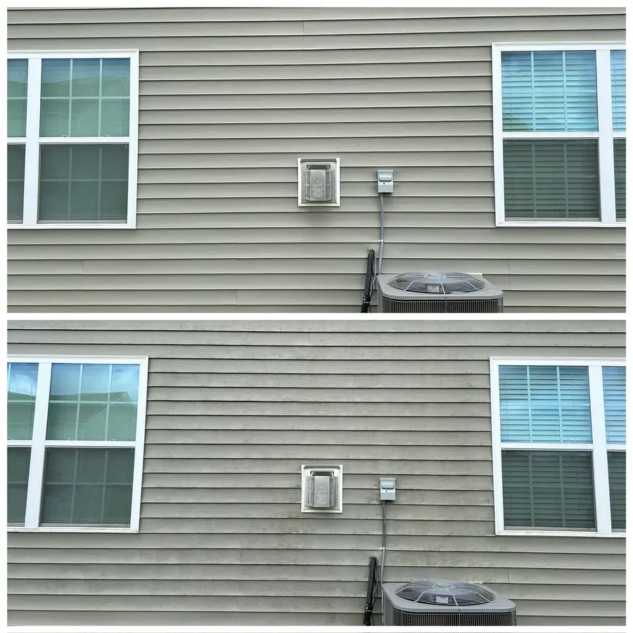 Before/after composite of siding with window and AC unit, spotted dirt removed to clean panels.