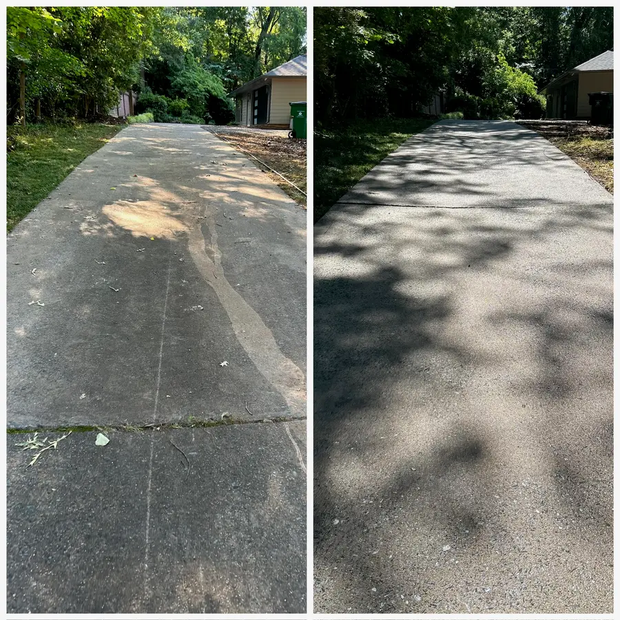 Before/after composite of a driveway, a large brown stain patch removed to uniform grey.