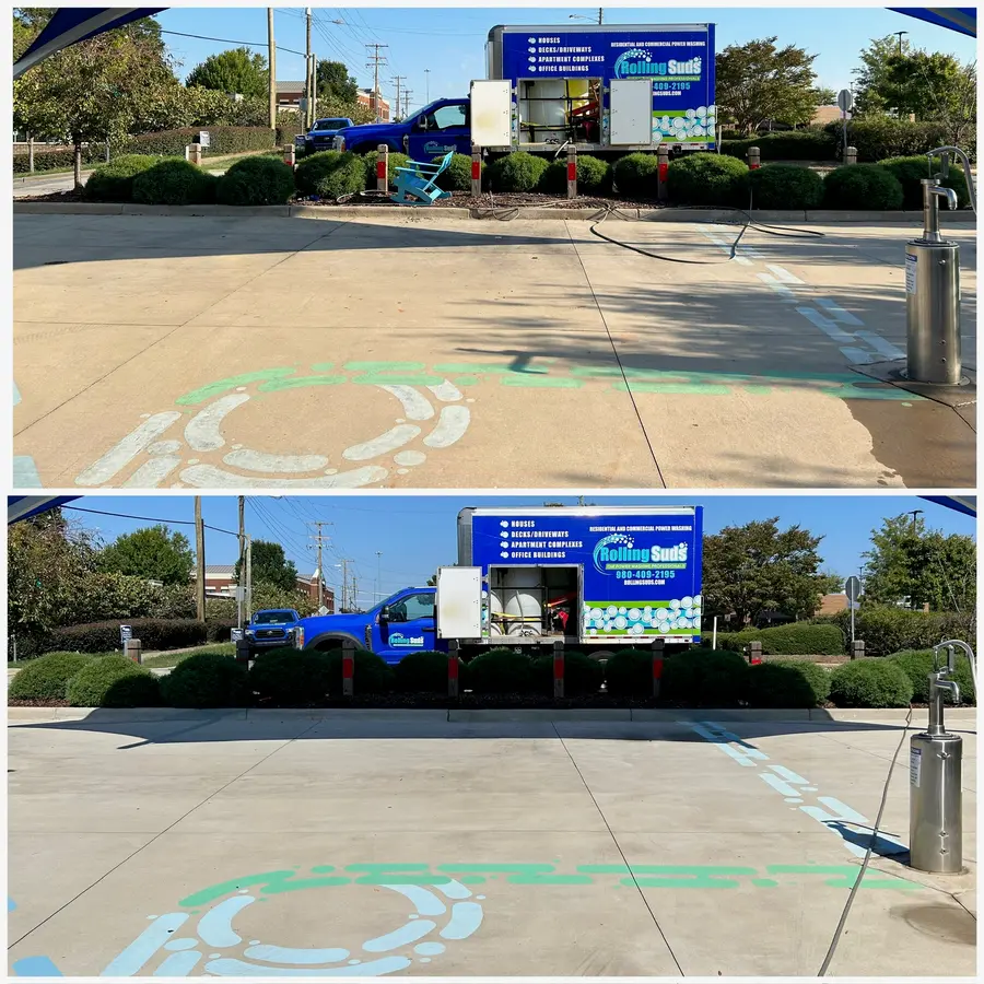 Before/after composite of a concrete pad with Rolling Suds truck, detergent stains rinsed clean.