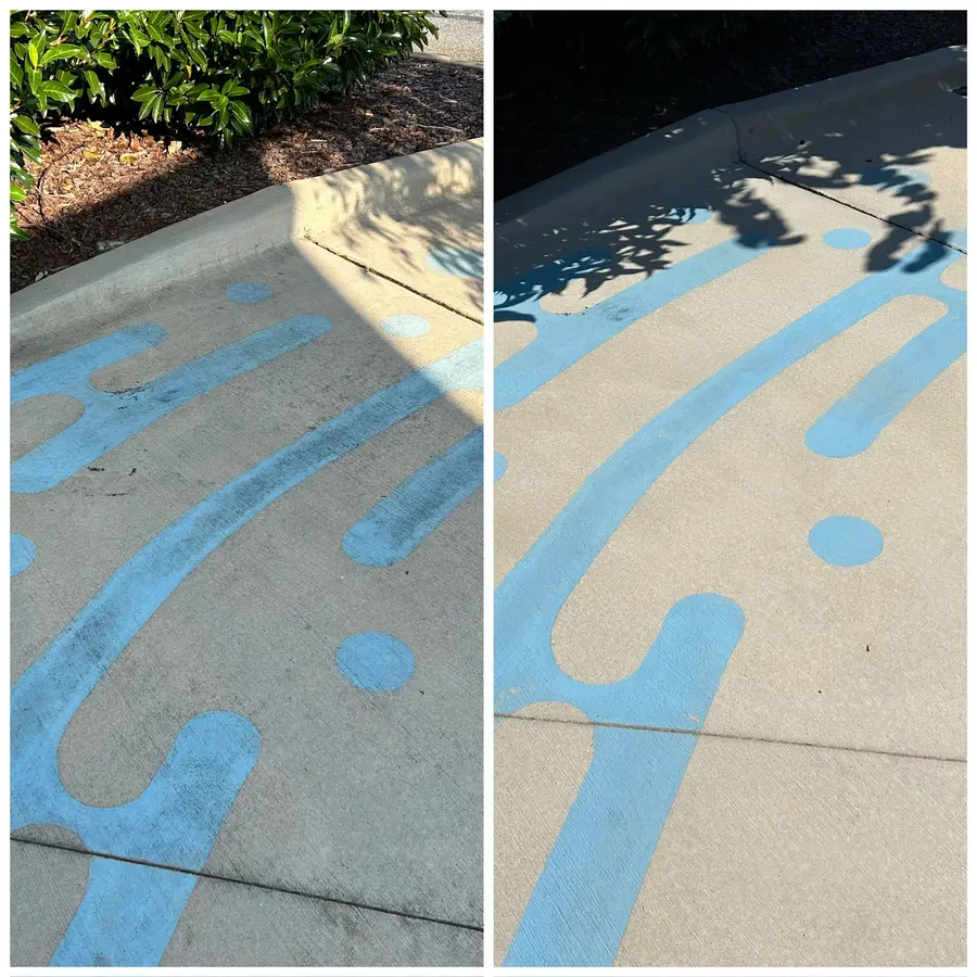 Before/after composite of a painted blue-pattern sidewalk, dark stained concrete restored to clean color.
