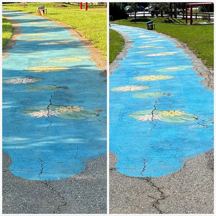 Before/after composite of a painted waterlily mural walkway, dull discoloration restored to vibrant color.