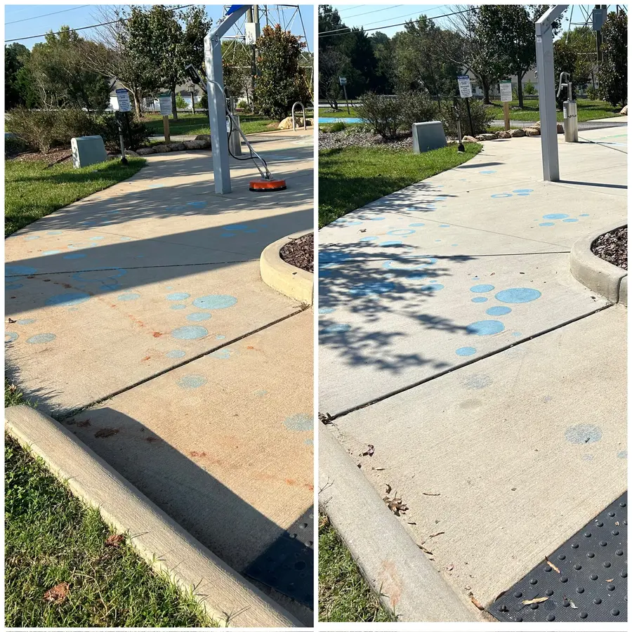 Before/after composite of a painted-dot sidewalk near a park, dark grime lifted to lighter surface.