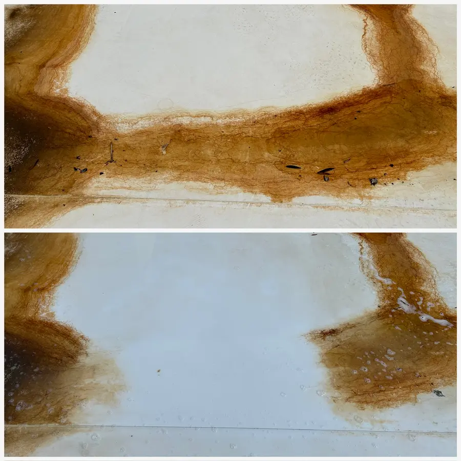 Before/after composite closeup of heavy rust staining on concrete, removed to clean white surface.