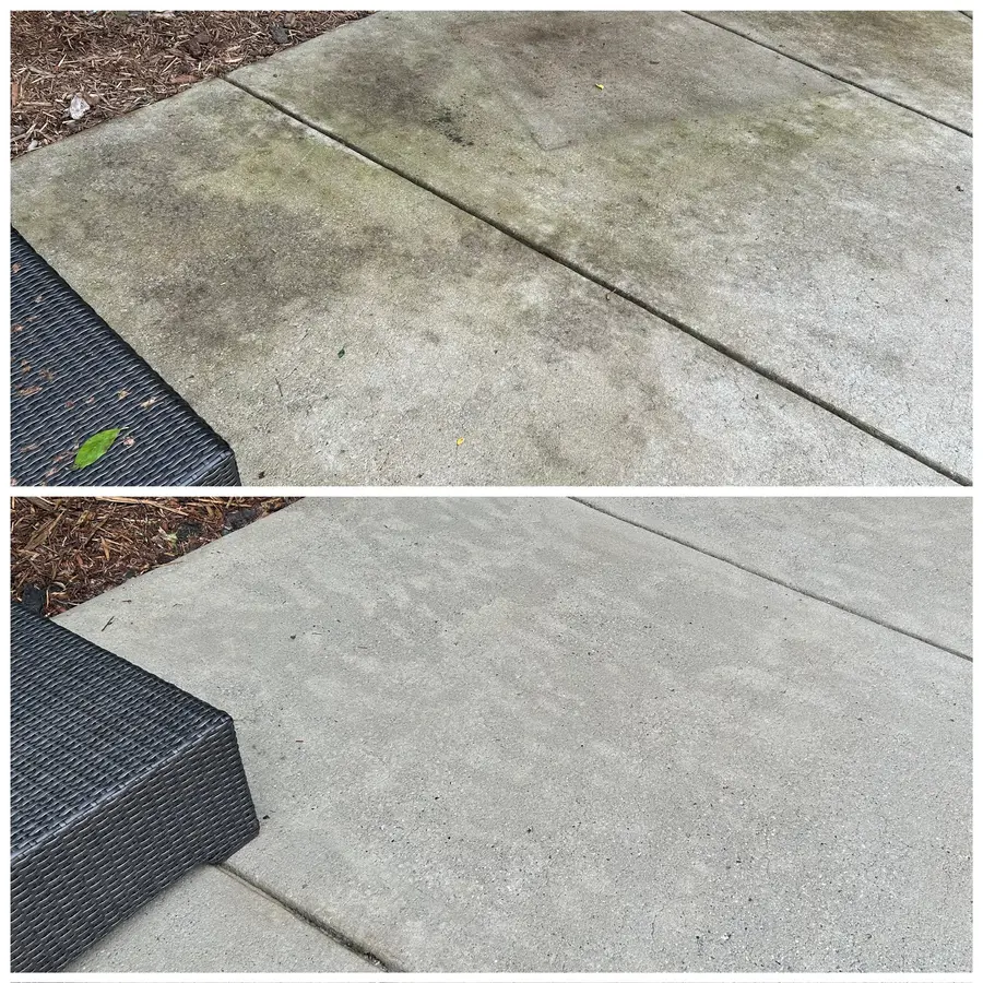 Before/after composite of a concrete patio slab, mossy dark staining removed to clean grey concrete.