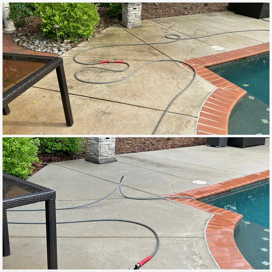 Before/after composite of a concrete pool deck with brick coping, dark staining removed.